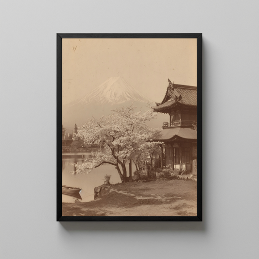 Vintage Japanese Landscape Wall Art, Sepia Photograph of Mount Fuji with Temple and Cherry Blossom