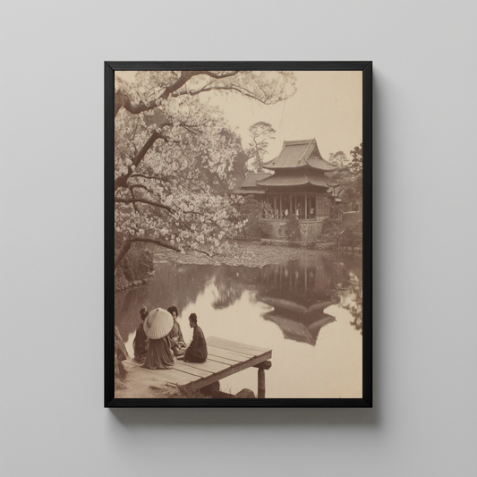 Vintage Japanese Garden Wall Art, Sepia Photograph of People by Temple Pond and Cherry Blossom