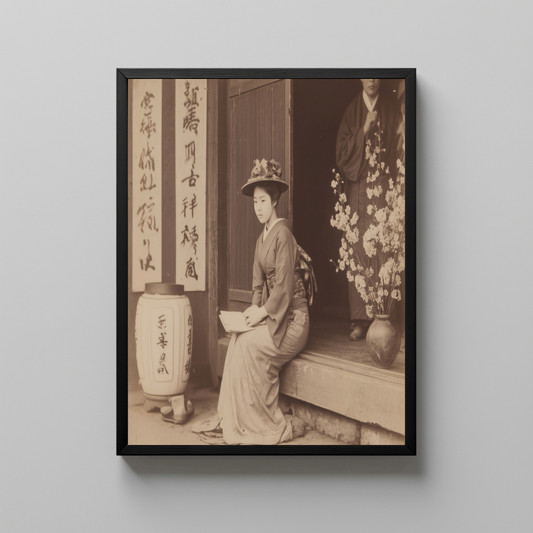 Vintage Japanese Portrait Wall Art, Sepia Photograph of Woman in Kimono with Blossoms
