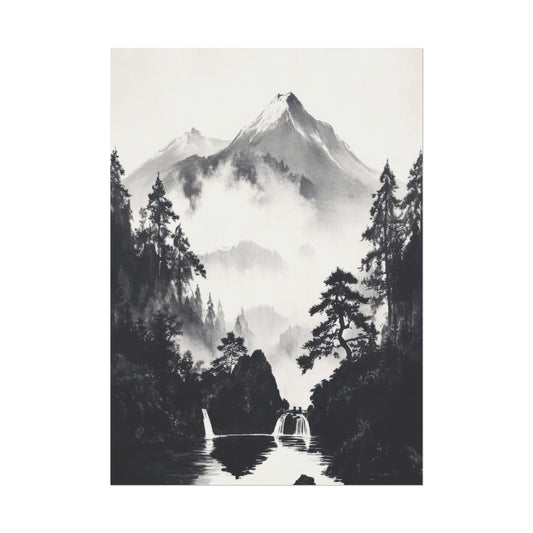 Black and White Japanese Nature Art - Serene Waterfalls in Misty Mountain Valley - Minimalist Landscape Print for Calm Decor