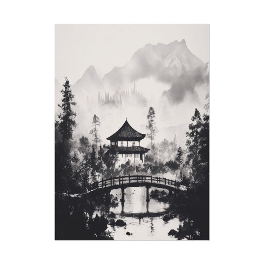 Black and White Zen Nature Art - Japanese Pavilion with Arched Bridge - Minimalist Landscape Print for Peaceful Home Decor