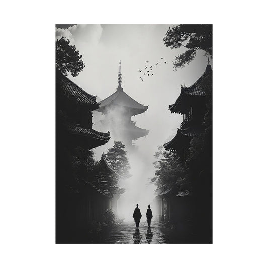 Black and White Zen Art - Monks Walking Towards Pagoda in Mist - Minimalist Japanese Print for Dramatic and Tranquil Deco