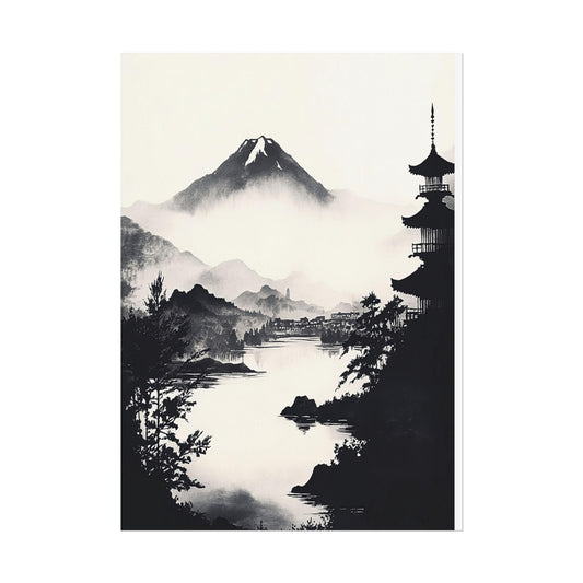 Black and White Zen Landscape Art - Misty Lake View with Distant Pagoda - Minimalist Japanese Print for Serene Home Decor