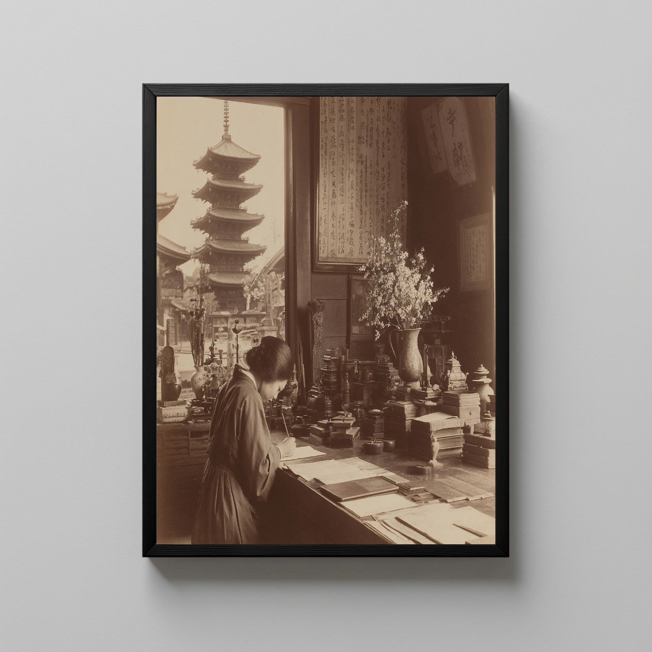 Vintage Japanese Interior Wall Art, Sepia Photograph of Woman Writing with Pagoda View