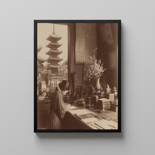Vintage Japanese Interior Wall Art, Sepia Photograph of Woman Writing with Pagoda View