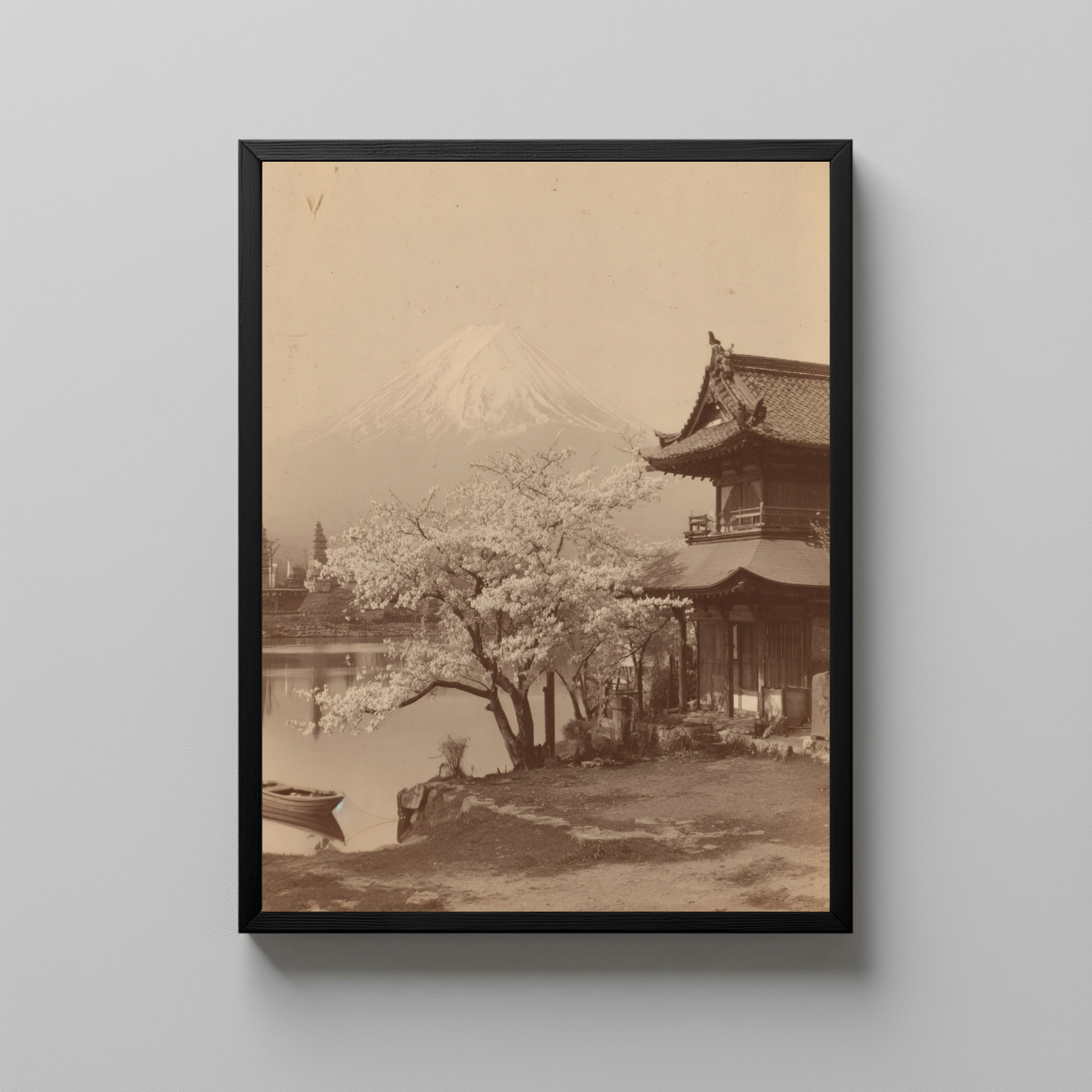 Vintage Japanese Landscape Wall Art, Sepia Photograph of Mount Fuji with Temple and Cherry Blossom