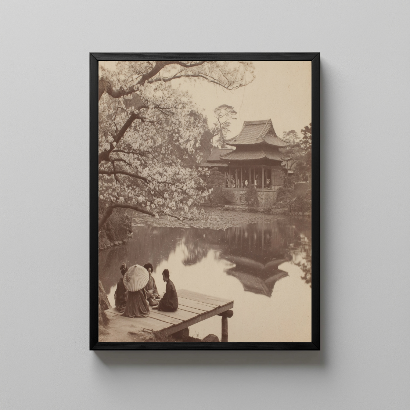 Vintage Japanese Garden Wall Art, Sepia Photograph of People by Temple Pond and Cherry Blossom