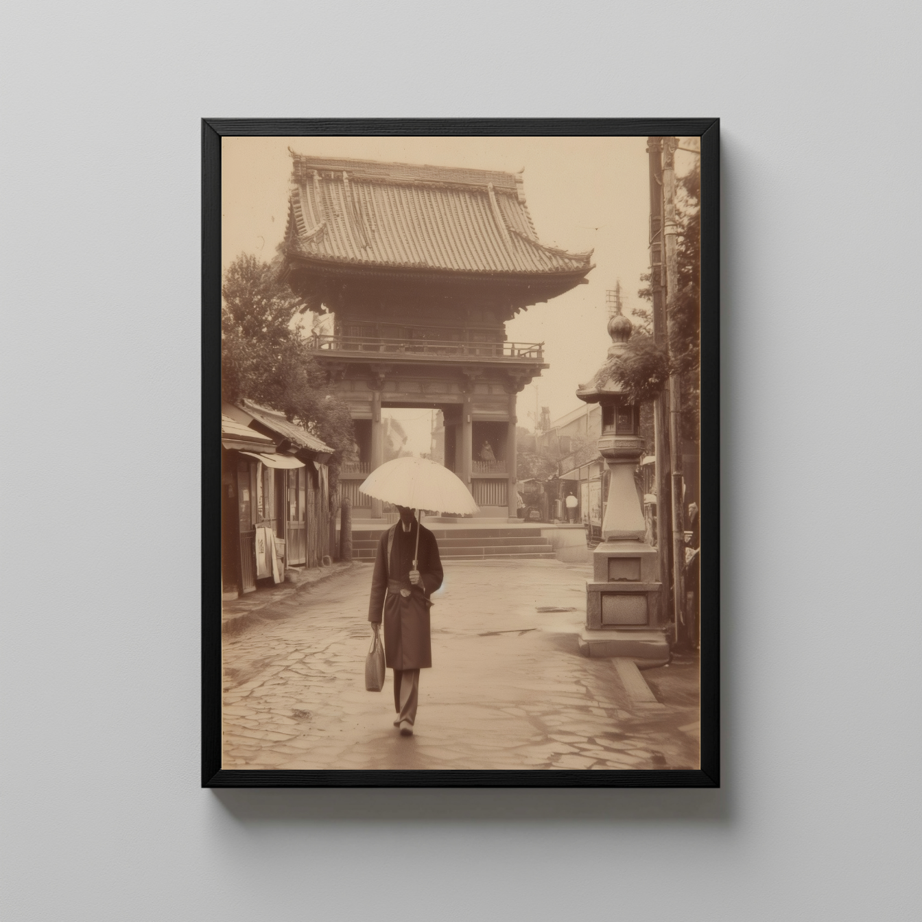 Vintage Japanese Street Wall Art, Sepia Photograph of Man with Umbrella at Temple Gate
