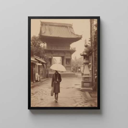 Vintage Japanese Street Wall Art, Sepia Photograph of Man with Umbrella at Temple Gate