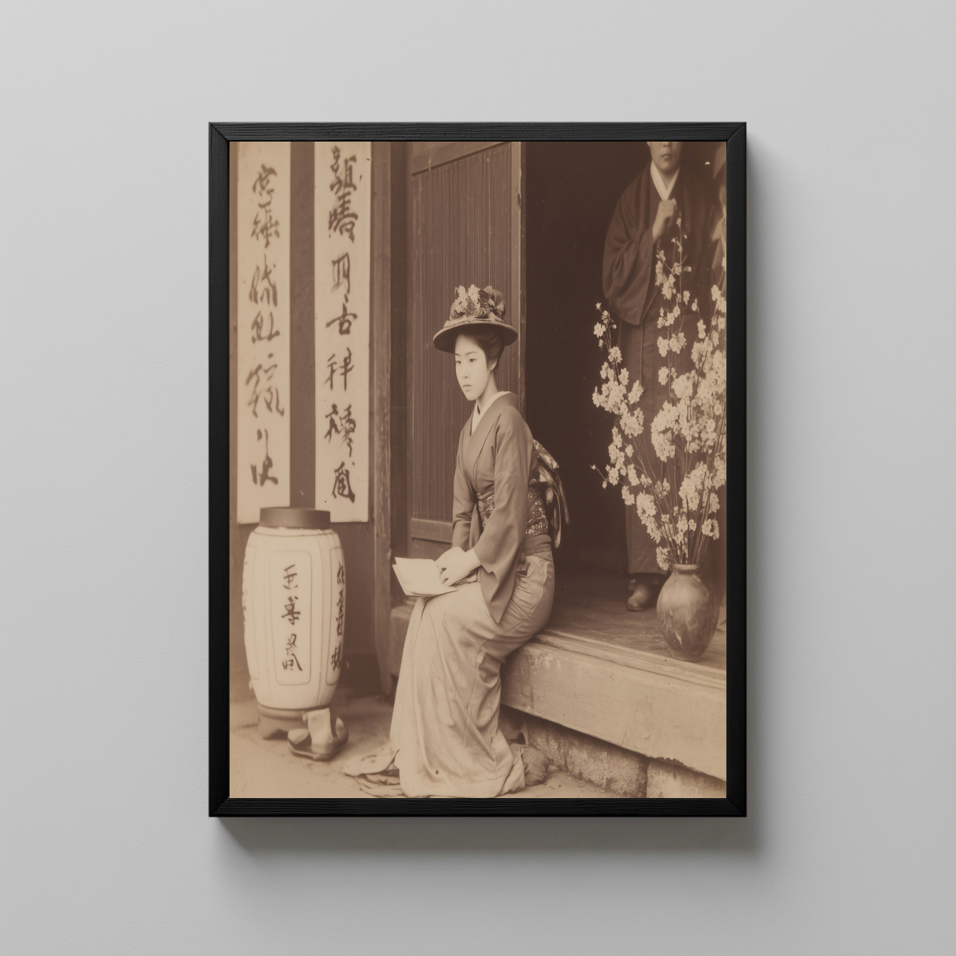 Vintage Japanese Portrait Wall Art, Sepia Photograph of Woman in Kimono with Blossoms