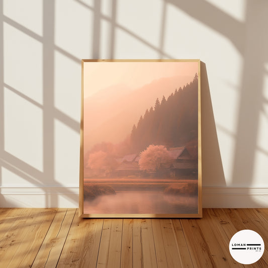Pastel Art – Japanese Countryside Print, Misty Village Wall Decor, Zen Nature Aesthetic, Tranquil Home Poster, Meditation Room Artwork