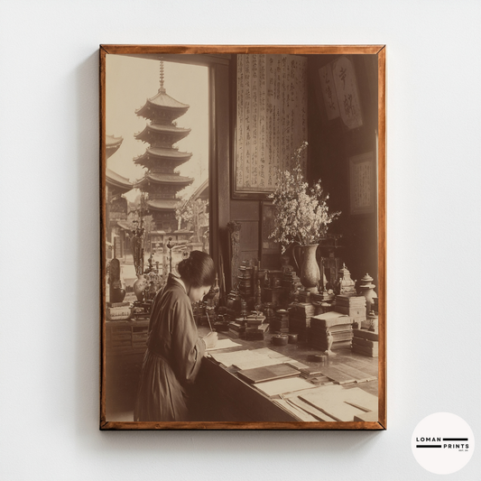 Vintage Japanese Interior Wall Art, Sepia Photograph of Woman Writing with Pagoda View