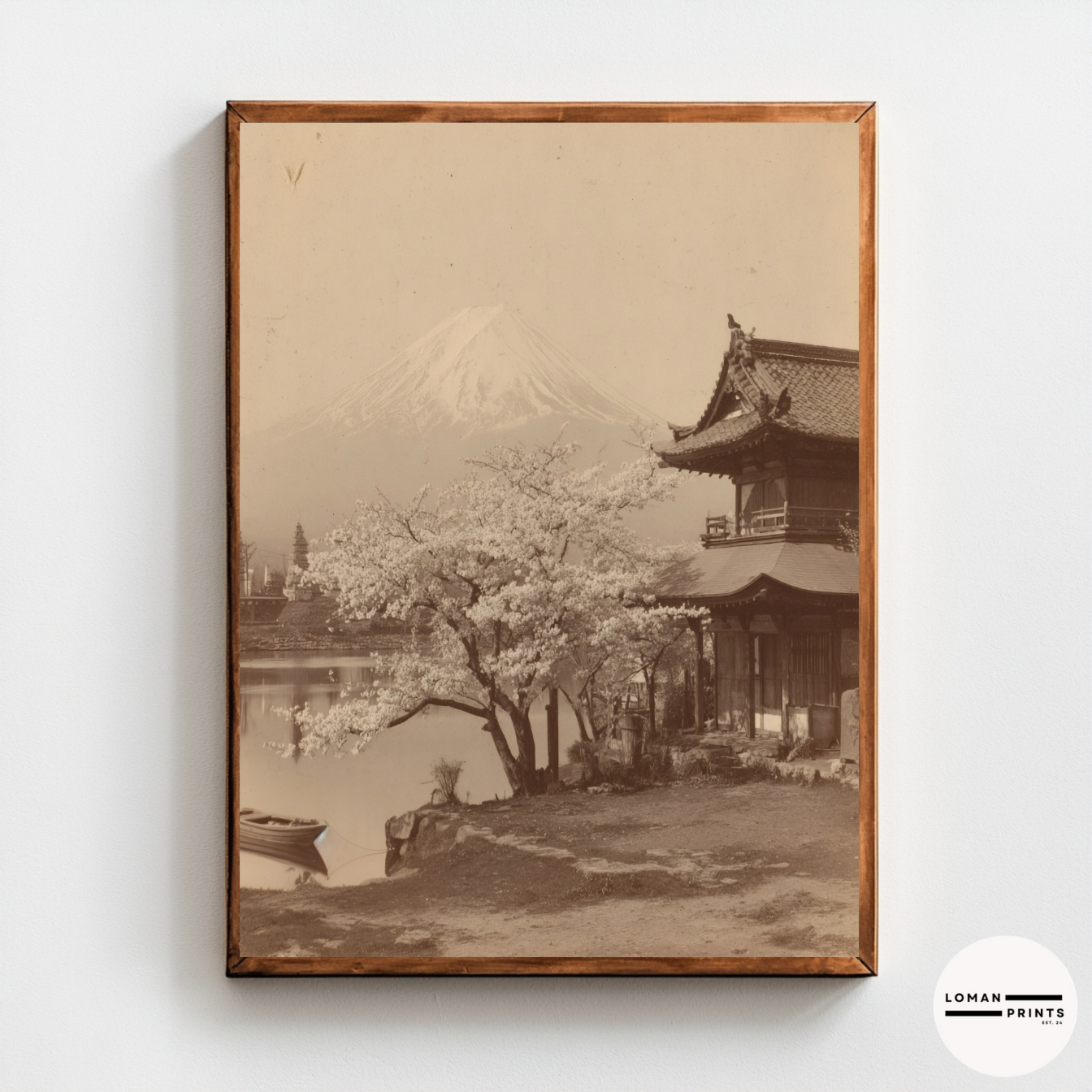 Vintage Japanese Landscape Wall Art, Sepia Photograph of Mount Fuji with Temple and Cherry Blossom