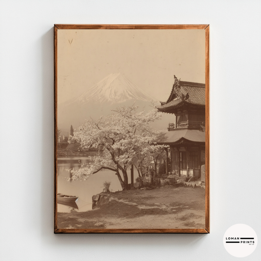 Vintage Japanese Landscape Wall Art, Sepia Photograph of Mount Fuji with Temple and Cherry Blossom