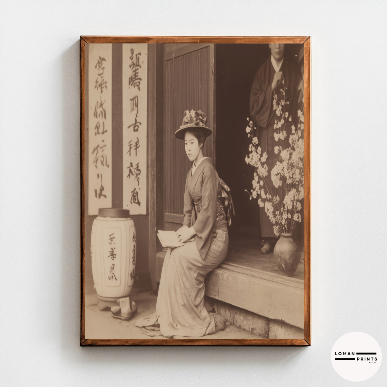 Vintage Japanese Portrait Wall Art, Sepia Photograph of Woman in Kimono with Blossoms