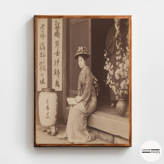Vintage Japanese Portrait Wall Art, Sepia Photograph of Woman in Kimono with Blossoms