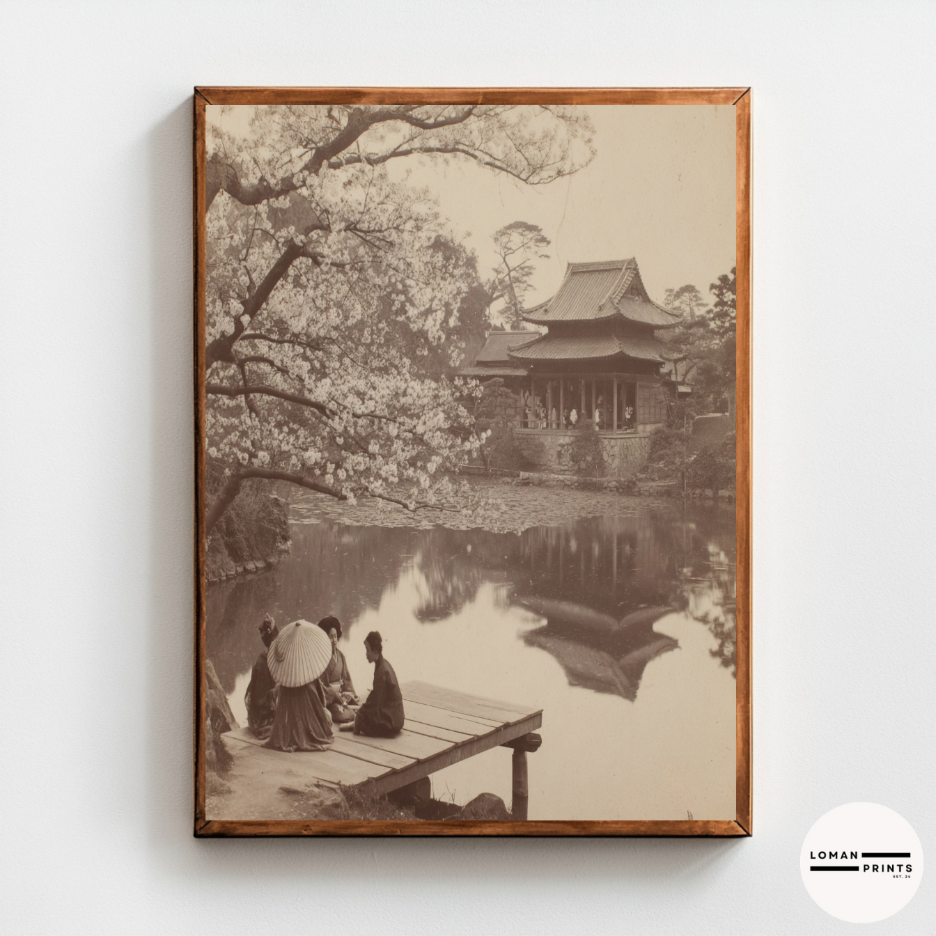 Vintage Japanese Garden Wall Art, Sepia Photograph of People by Temple Pond and Cherry Blossom