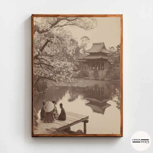 Vintage Japanese Garden Wall Art, Sepia Photograph of People by Temple Pond and Cherry Blossom