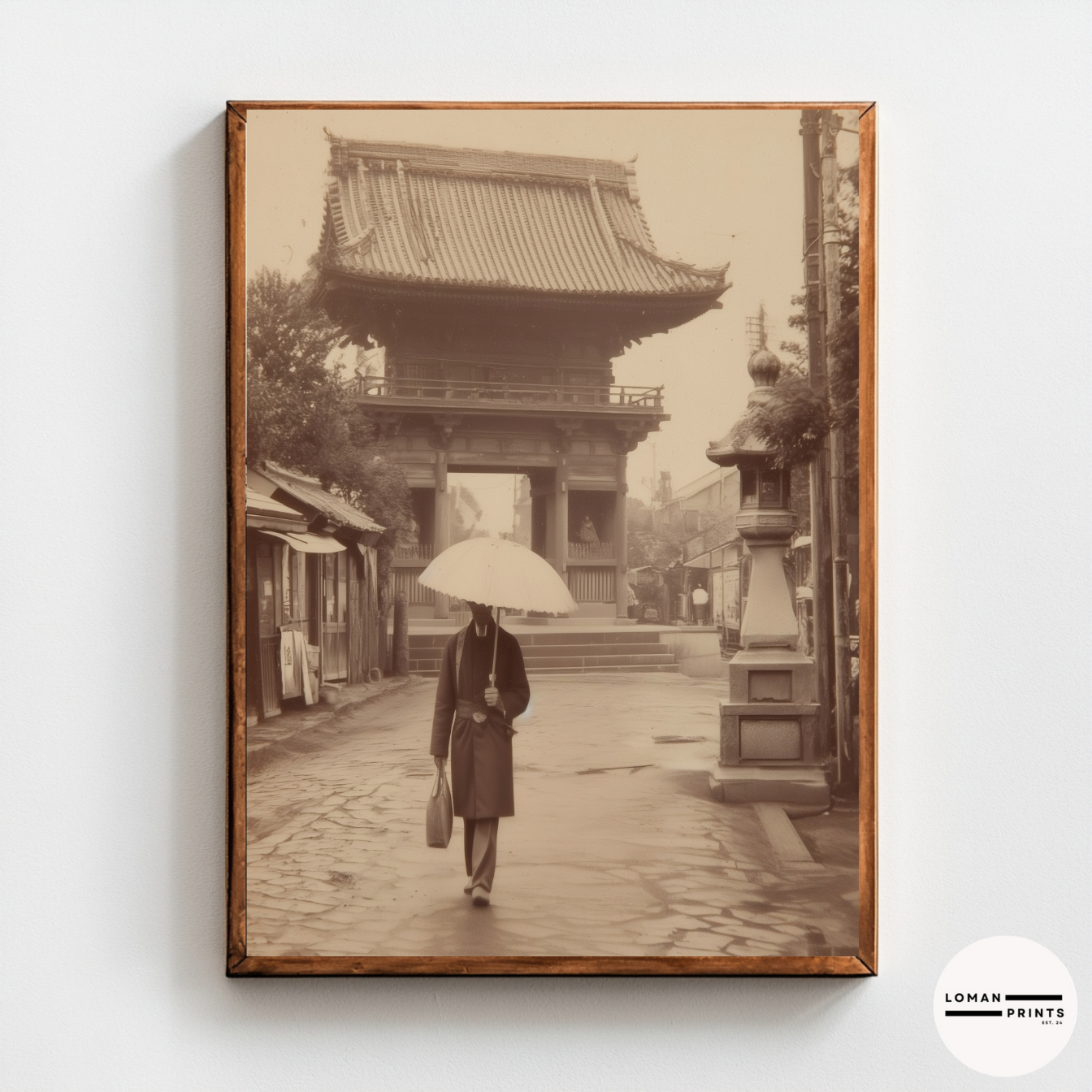 Vintage Japanese Street Wall Art, Sepia Photograph of Man with Umbrella at Temple Gate