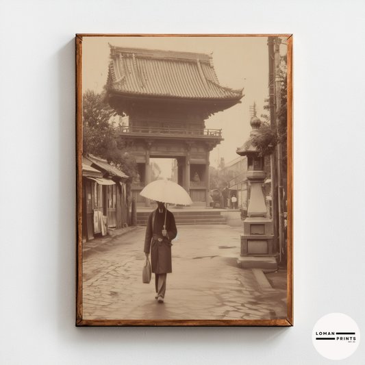Vintage Japanese Street Wall Art, Sepia Photograph of Man with Umbrella at Temple Gate