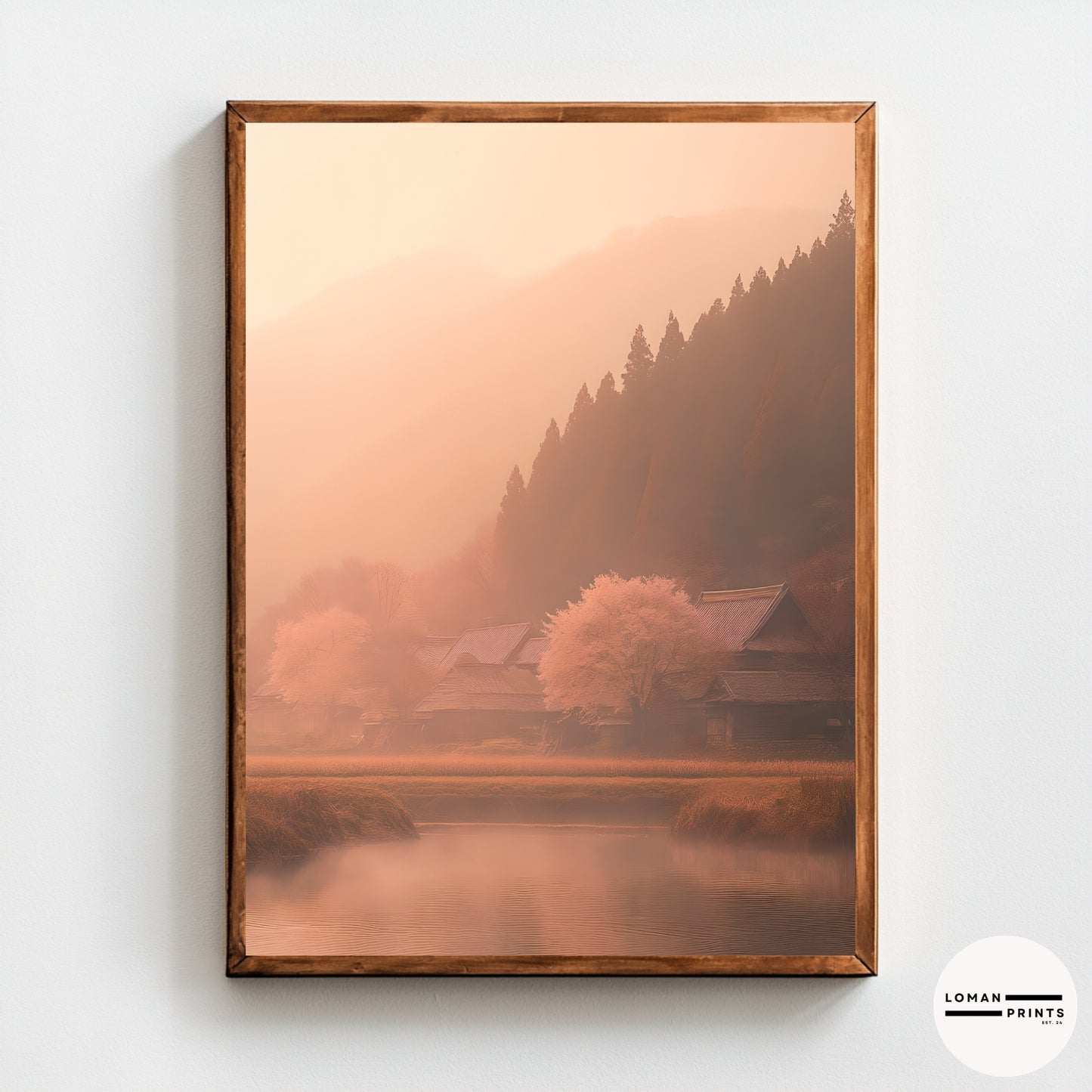 Pastel Art – Japanese Countryside Print, Misty Village Wall Decor, Zen Nature Aesthetic, Tranquil Home Poster, Meditation Room Artwork