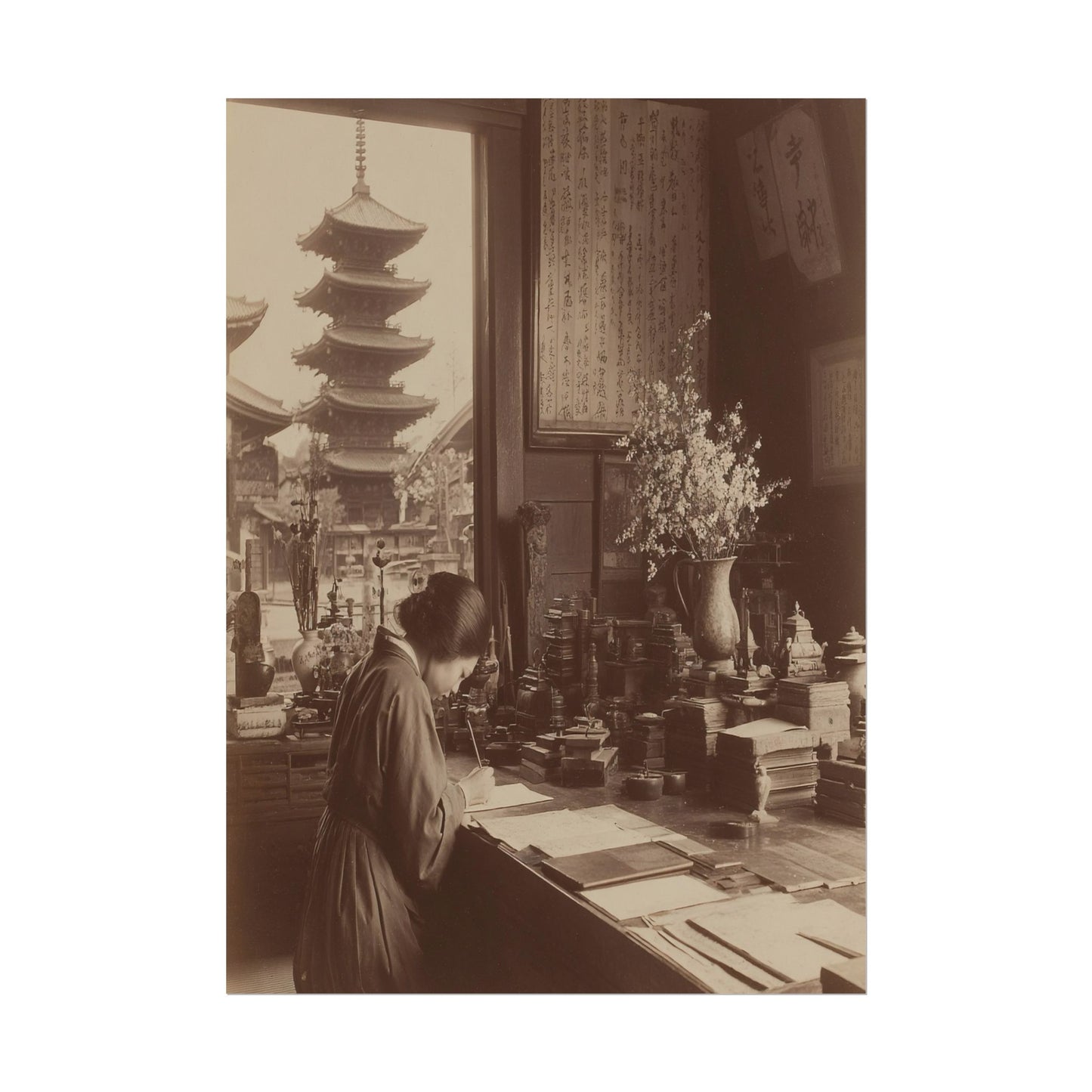 Person in traditional attire working at a desk with a pagoda visible through a window.