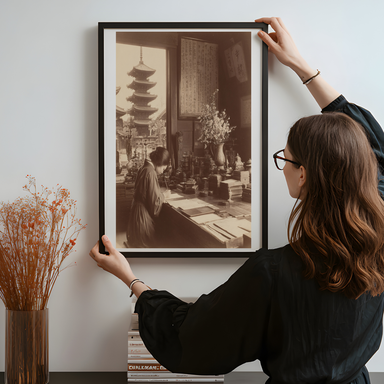 Vintage Japanese Interior Wall Art, Sepia Photograph of Woman Writing with Pagoda View