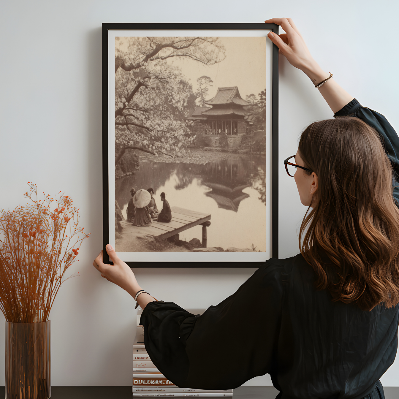 Vintage Japanese Garden Wall Art, Sepia Photograph of People by Temple Pond and Cherry Blossom