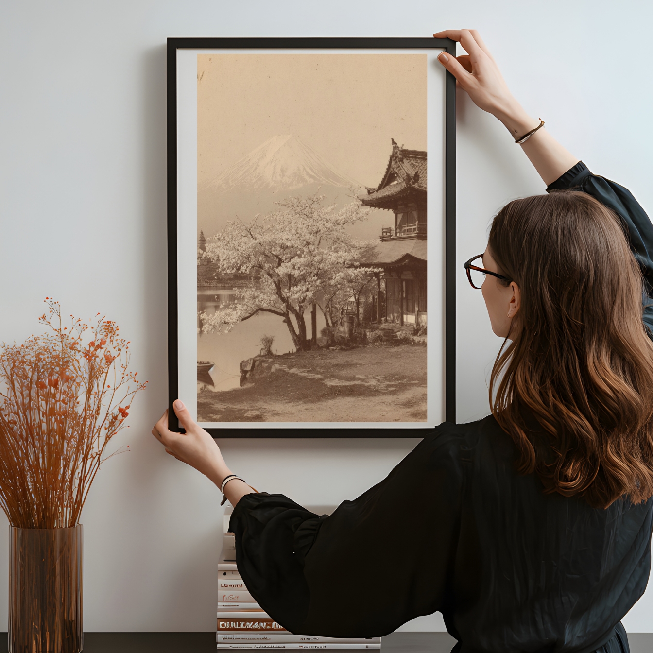 Vintage Japanese Landscape Wall Art, Sepia Photograph of Mount Fuji with Temple and Cherry Blossom