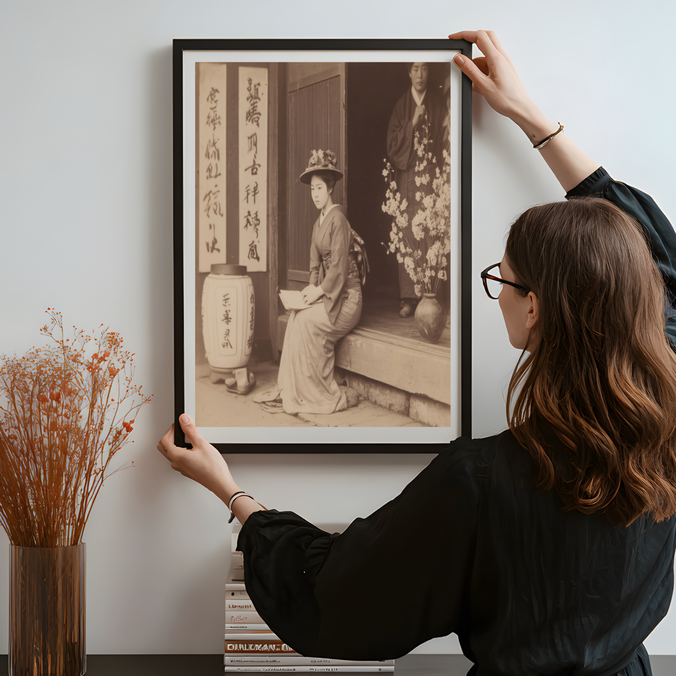 Vintage Japanese Portrait Wall Art, Sepia Photograph of Woman in Kimono with Blossoms
