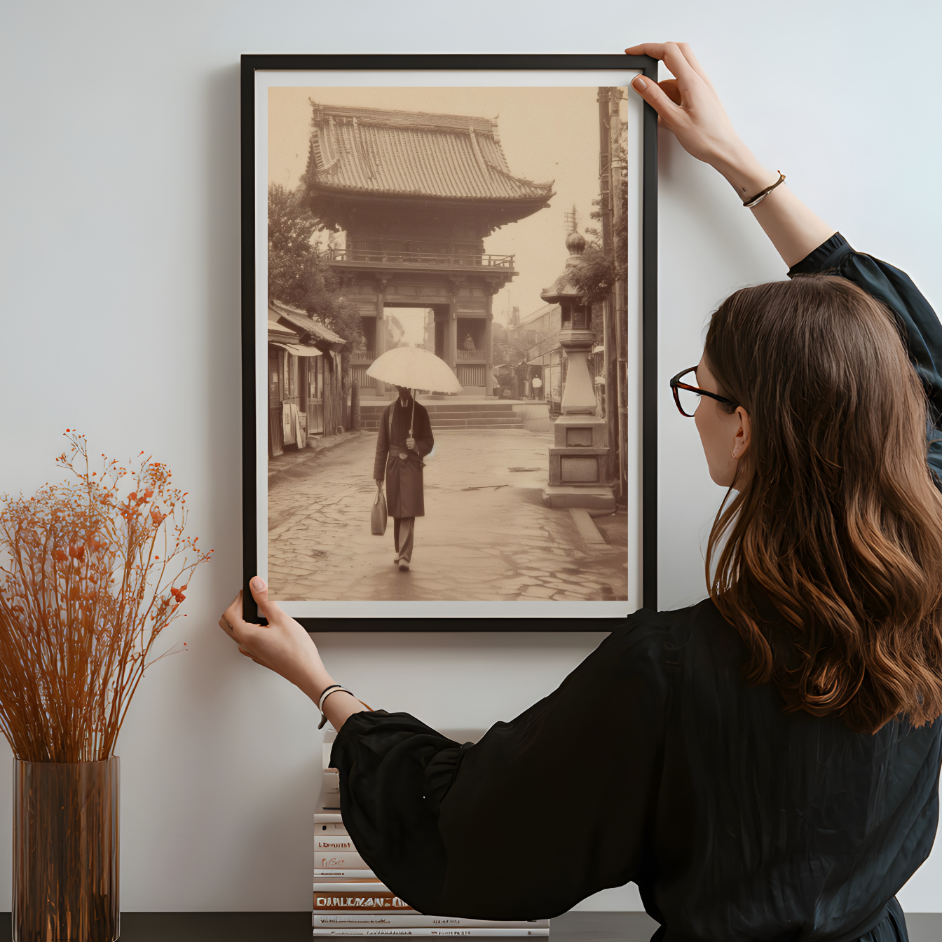 Vintage Japanese Street Wall Art, Sepia Photograph of Man with Umbrella at Temple Gate