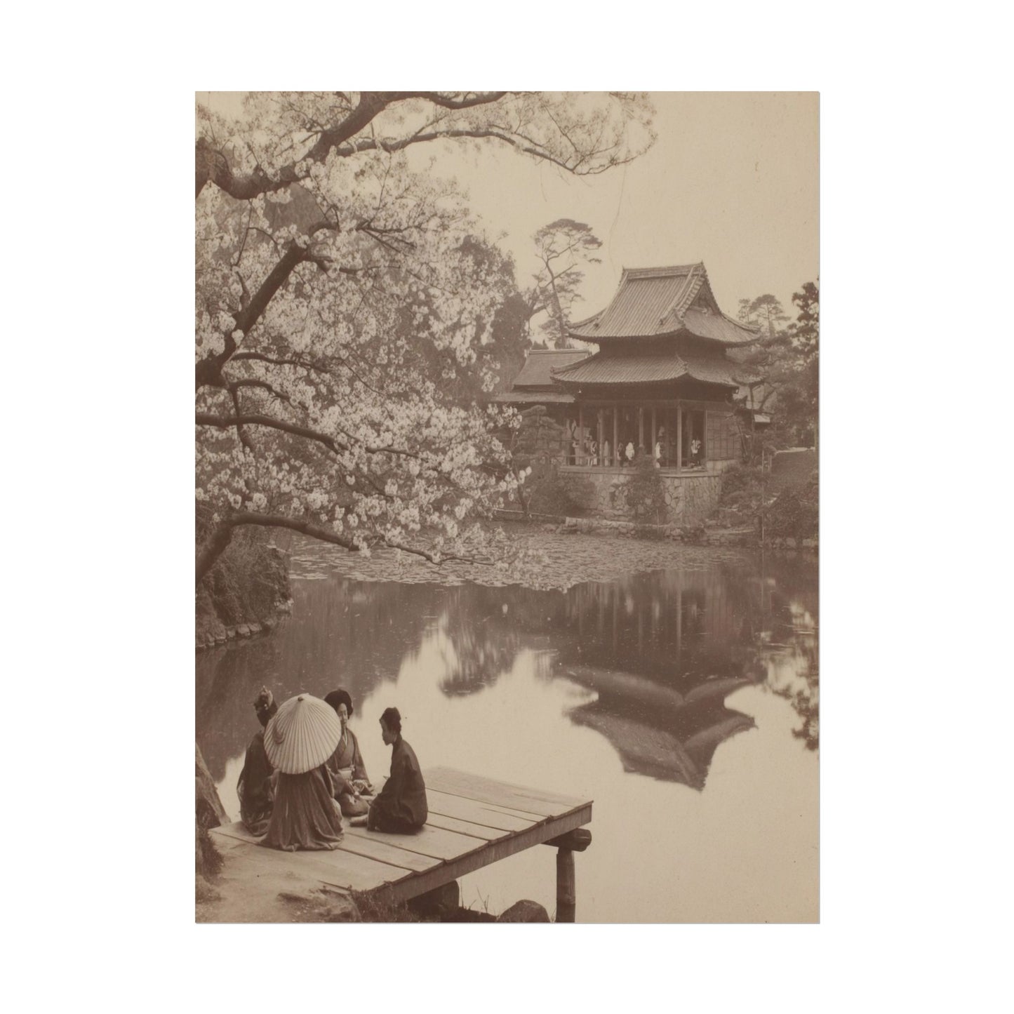 Vintage-style photograph of a serene scene with people on a bridge by a pond and cherry blossom trees.