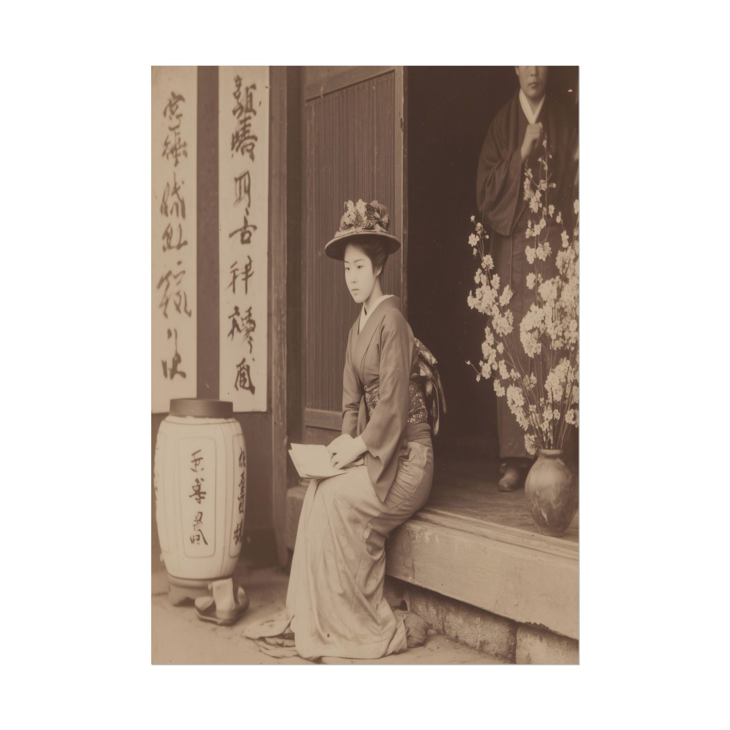 Woman in traditional Japanese attire sitting on a step with a man and floral arrangement in the background.