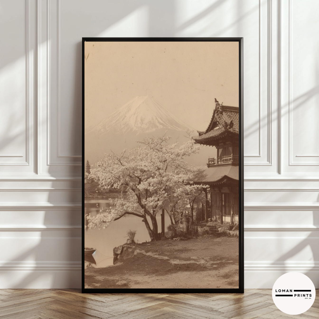 Vintage Japanese Landscape Wall Art, Sepia Photograph of Mount Fuji with Temple and Cherry Blossom