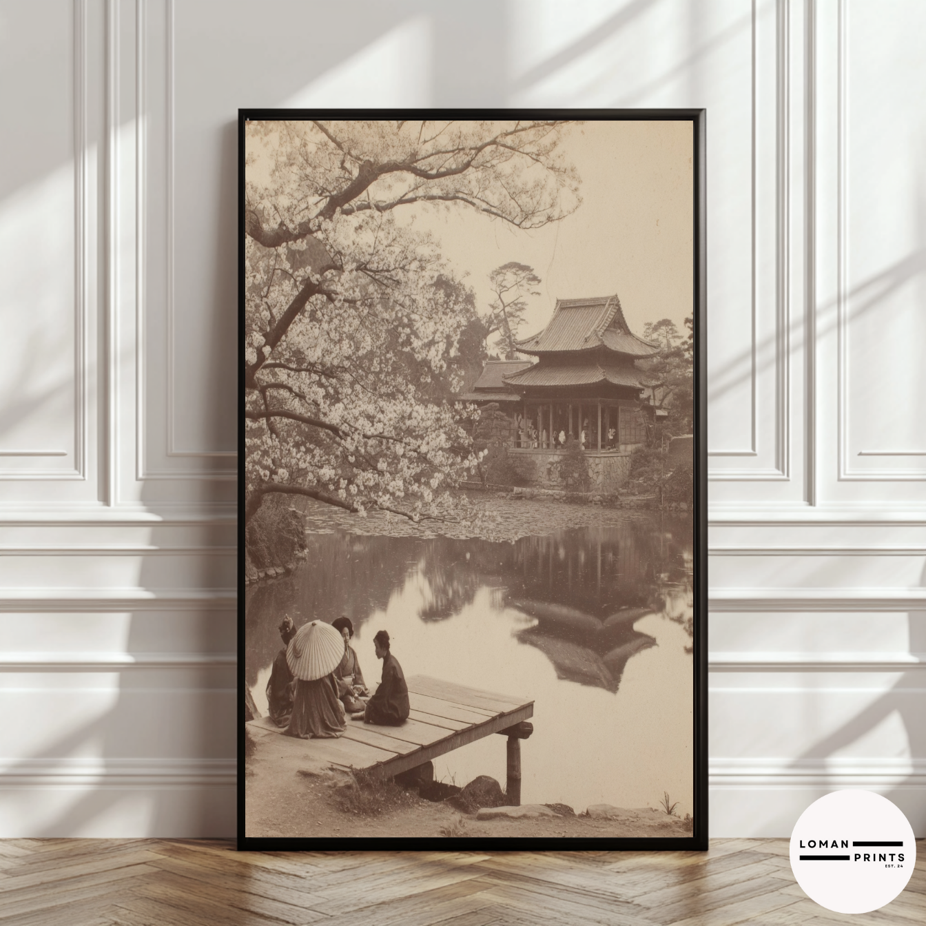 Vintage Japanese Garden Wall Art, Sepia Photograph of People by Temple Pond and Cherry Blossom
