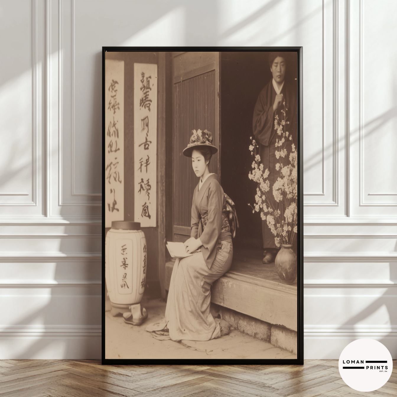 Vintage Japanese Portrait Wall Art, Sepia Photograph of Woman in Kimono with Blossoms