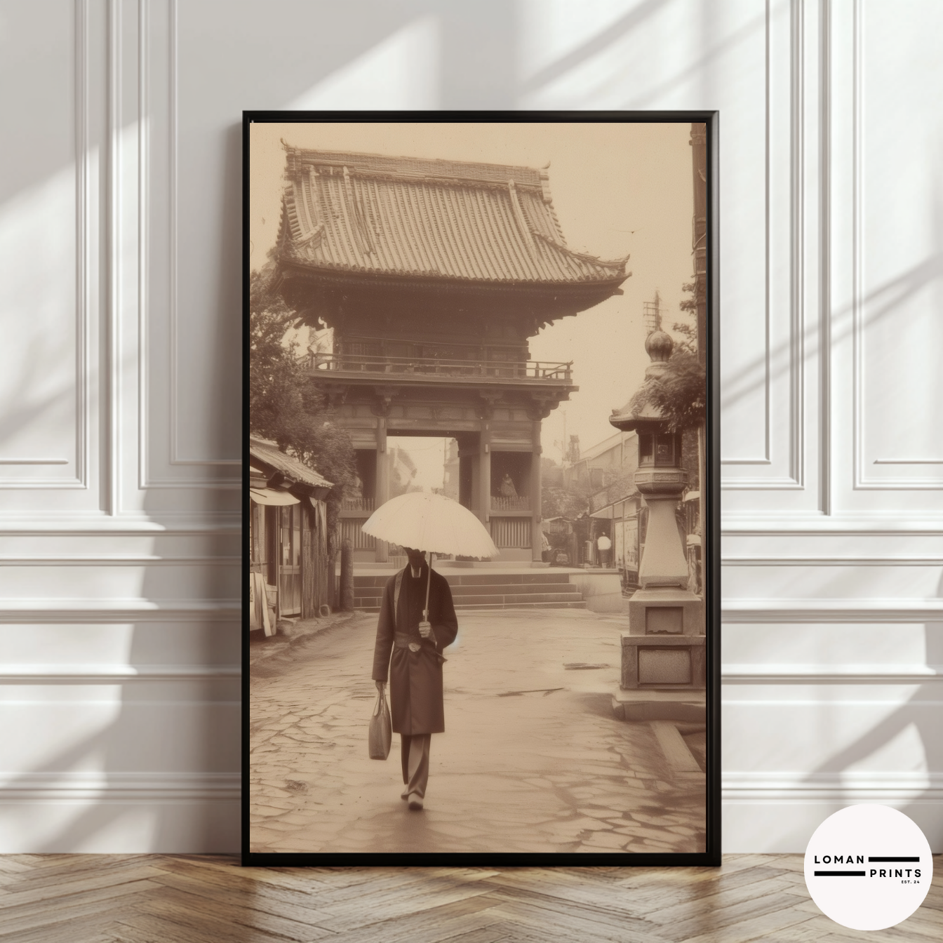 Vintage Japanese Street Wall Art, Sepia Photograph of Man with Umbrella at Temple Gate