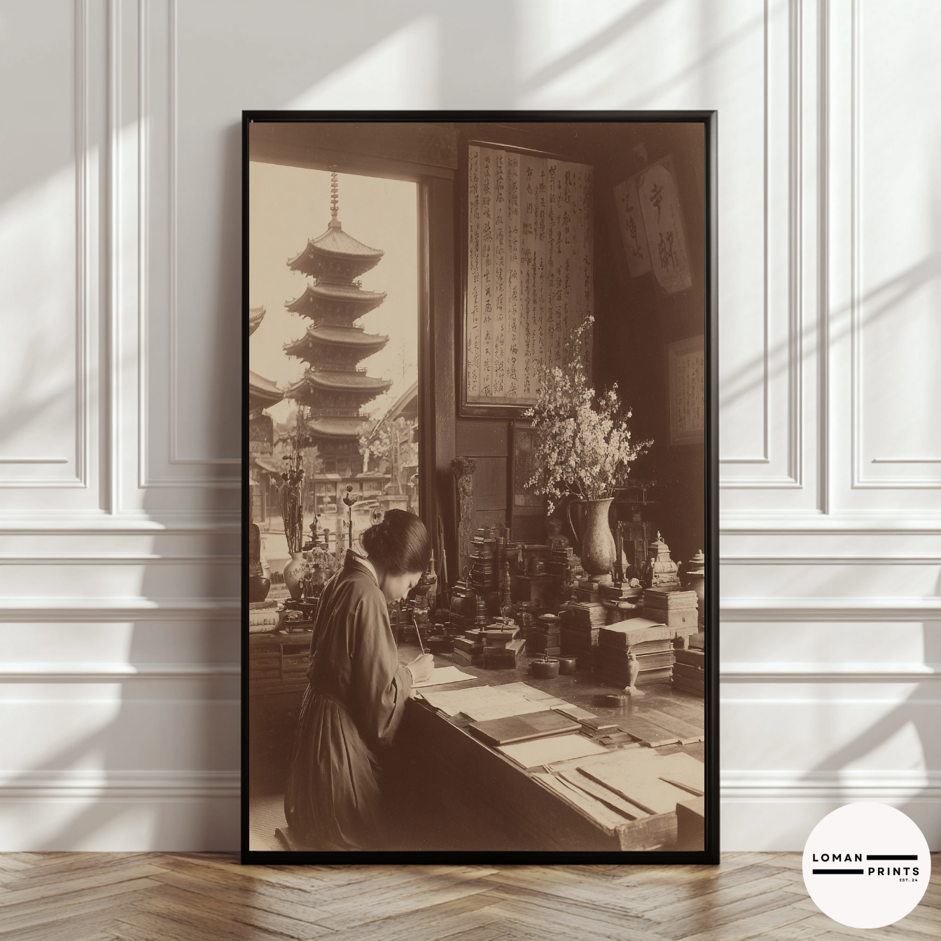 Vintage Japanese Interior Wall Art, Sepia Photograph of Woman Writing with Pagoda View