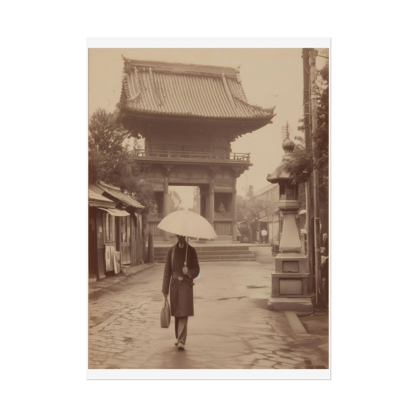 Vintage-style photograph of a person with an umbrella walking in front of a traditional Japanese building.