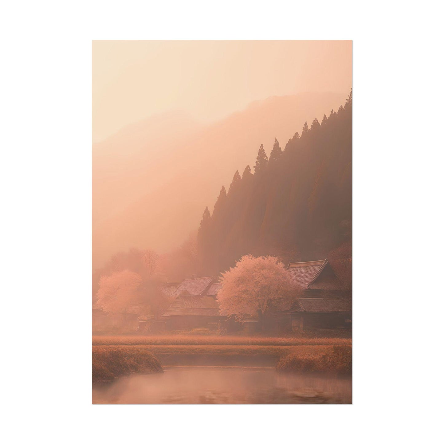 Pastel Art – Japanese Countryside Print, Misty Village Wall Decor, Zen Nature Aesthetic, Tranquil Home Poster, Meditation Room Artwork