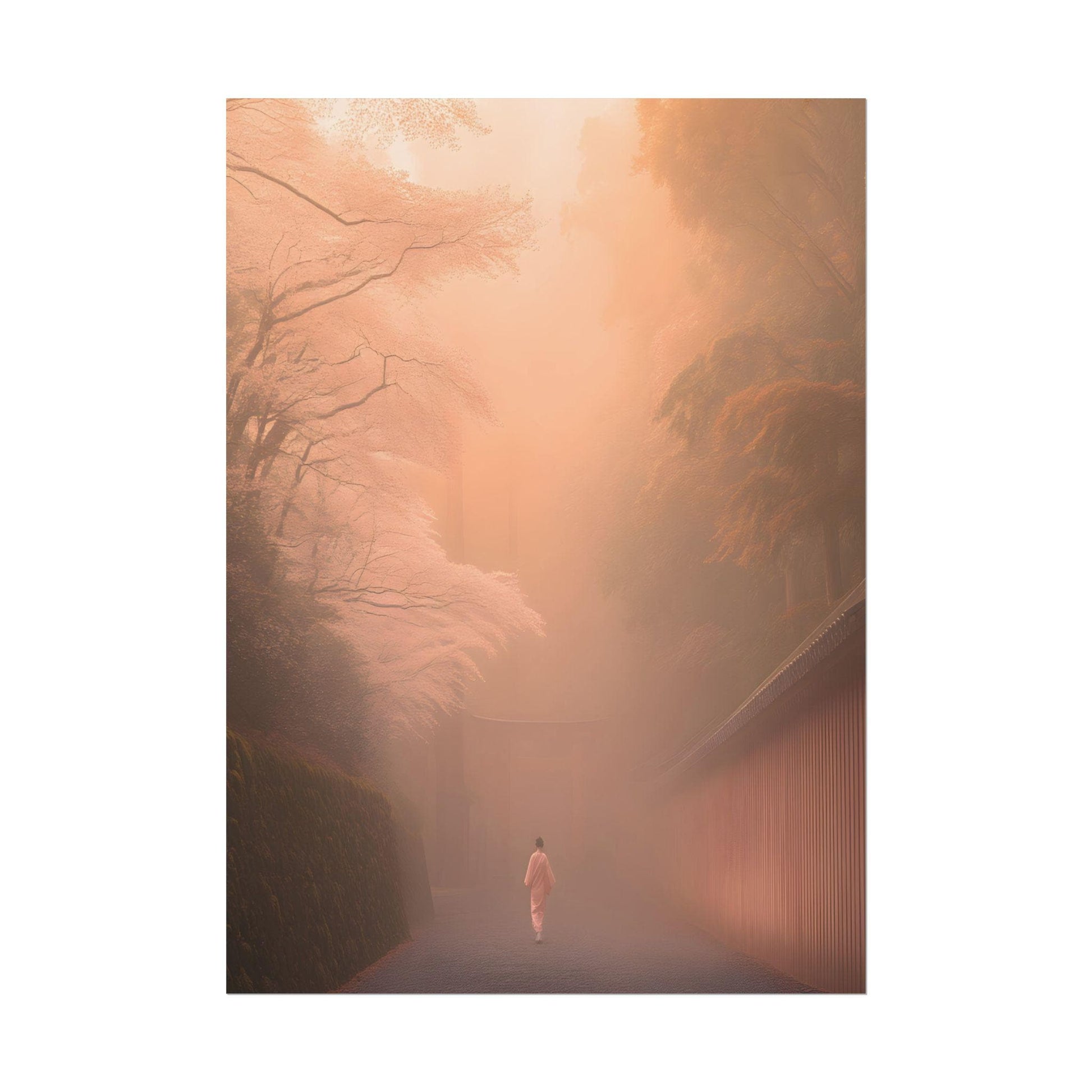 Sakura Art – Misty Pathway Print, Zen Minimalist Decor, Soft Pastel Aesthetic, Japanese Nature Poster, Tranquil Meditation Room Art