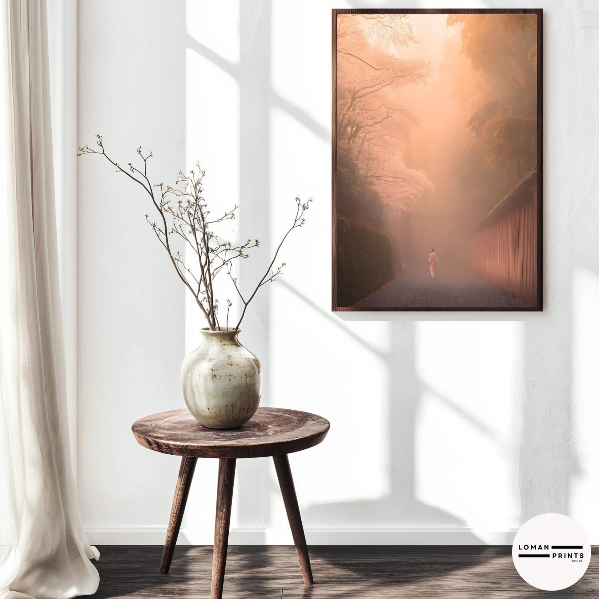 Sakura Art – Misty Pathway Print, Zen Minimalist Decor, Soft Pastel Aesthetic, Japanese Nature Poster, Tranquil Meditation Room Art