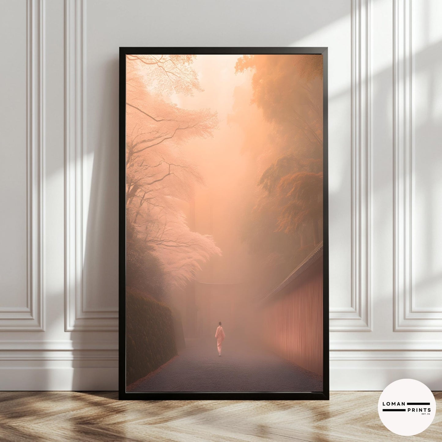 Sakura Art – Misty Pathway Print, Zen Minimalist Decor, Soft Pastel Aesthetic, Japanese Nature Poster, Tranquil Meditation Room Art
