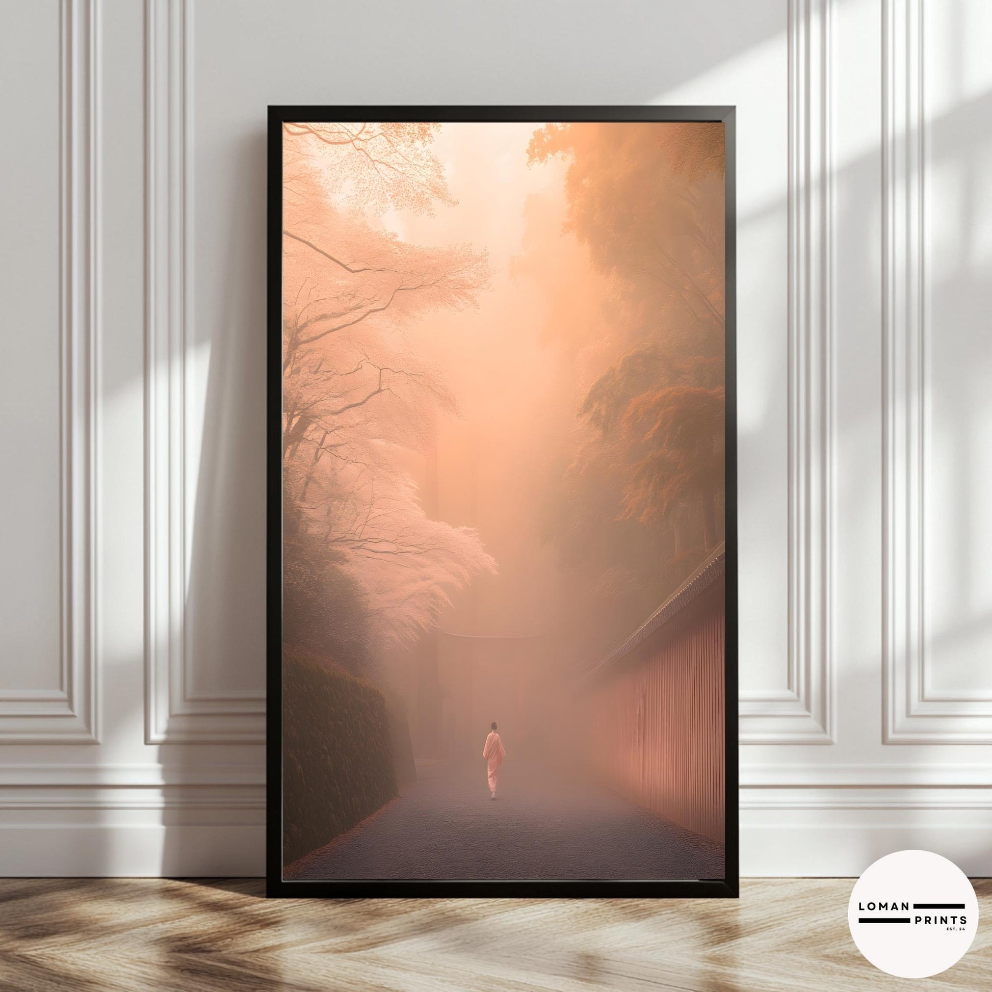 Sakura Art – Misty Pathway Print, Zen Minimalist Decor, Soft Pastel Aesthetic, Japanese Nature Poster, Tranquil Meditation Room Art
