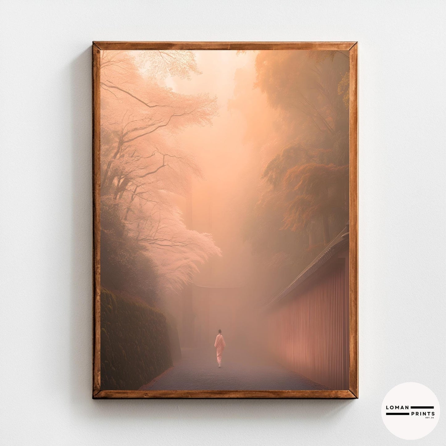 Sakura Art – Misty Pathway Print, Zen Minimalist Decor, Soft Pastel Aesthetic, Japanese Nature Poster, Tranquil Meditation Room Art