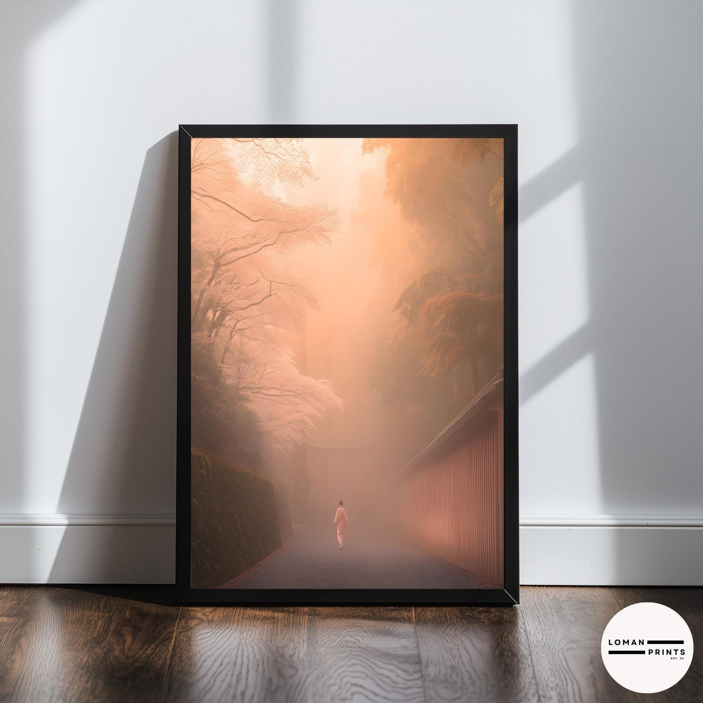 Sakura Art – Misty Pathway Print, Zen Minimalist Decor, Soft Pastel Aesthetic, Japanese Nature Poster, Tranquil Meditation Room Art