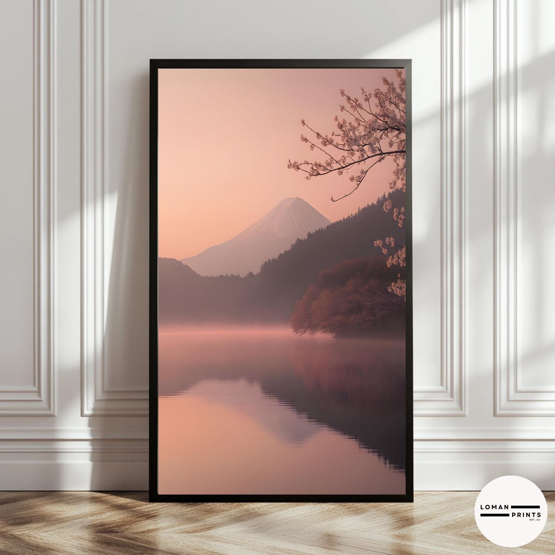 Sakura Japanese Art – Serene Mountain Print, Zen Nature Aesthetic, Tranquil Wall Decor, Soft Pastel Home Poster, Meditation Room Artwork