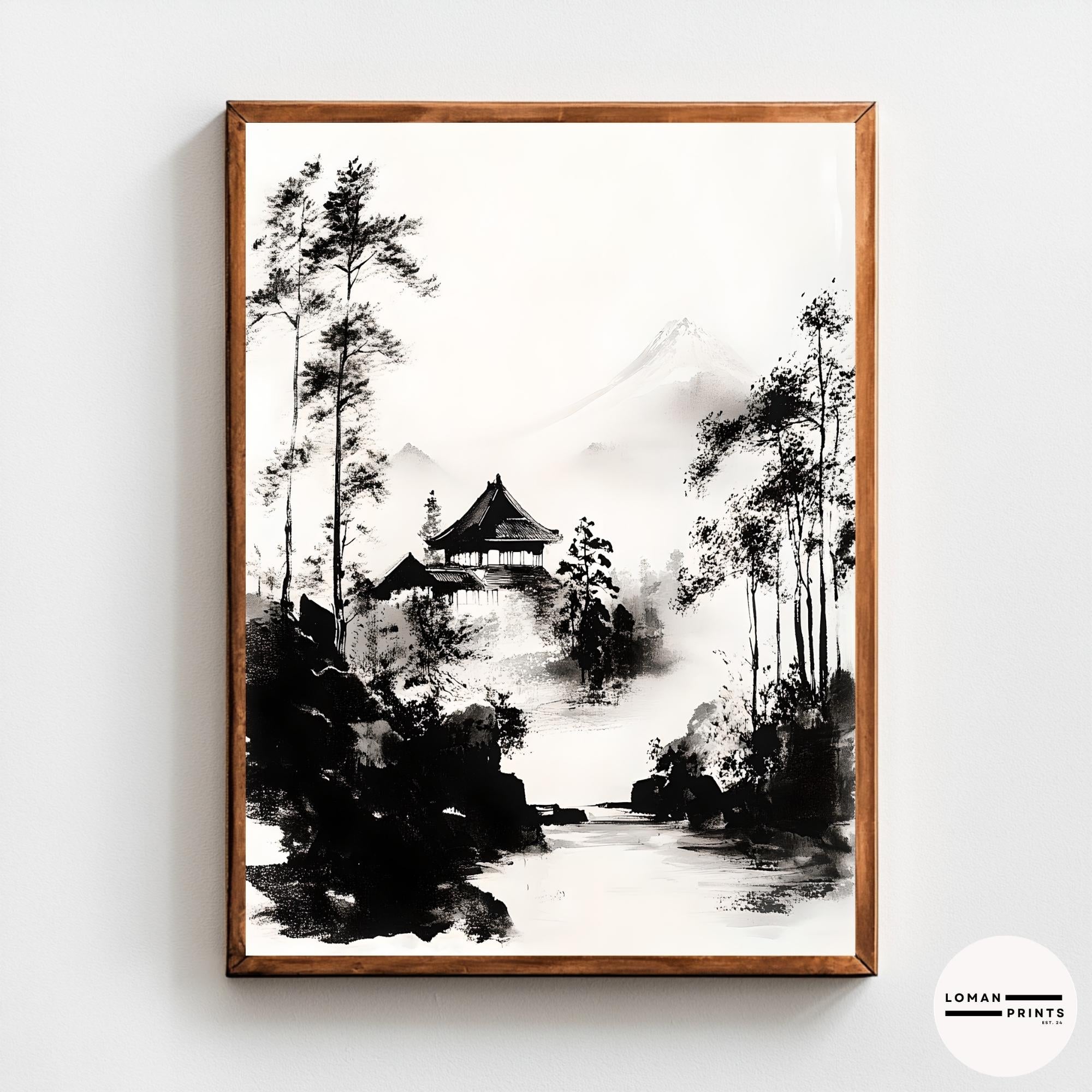 Japanese Sumi-e Landscape Print | Black and White Ink Temple Art