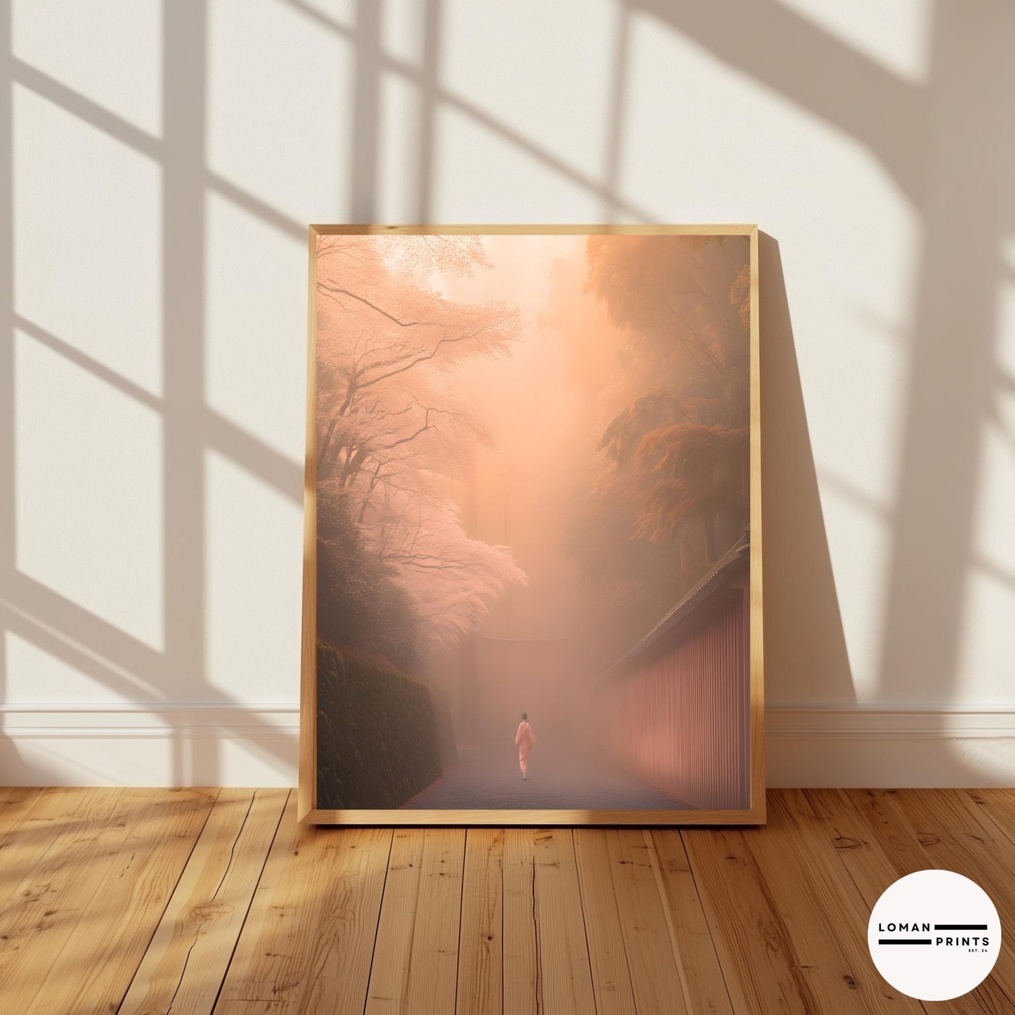 Sakura Art – Misty Pathway Print, Zen Minimalist Decor, Soft Pastel Aesthetic, Japanese Nature Poster, Tranquil Meditation Room Art