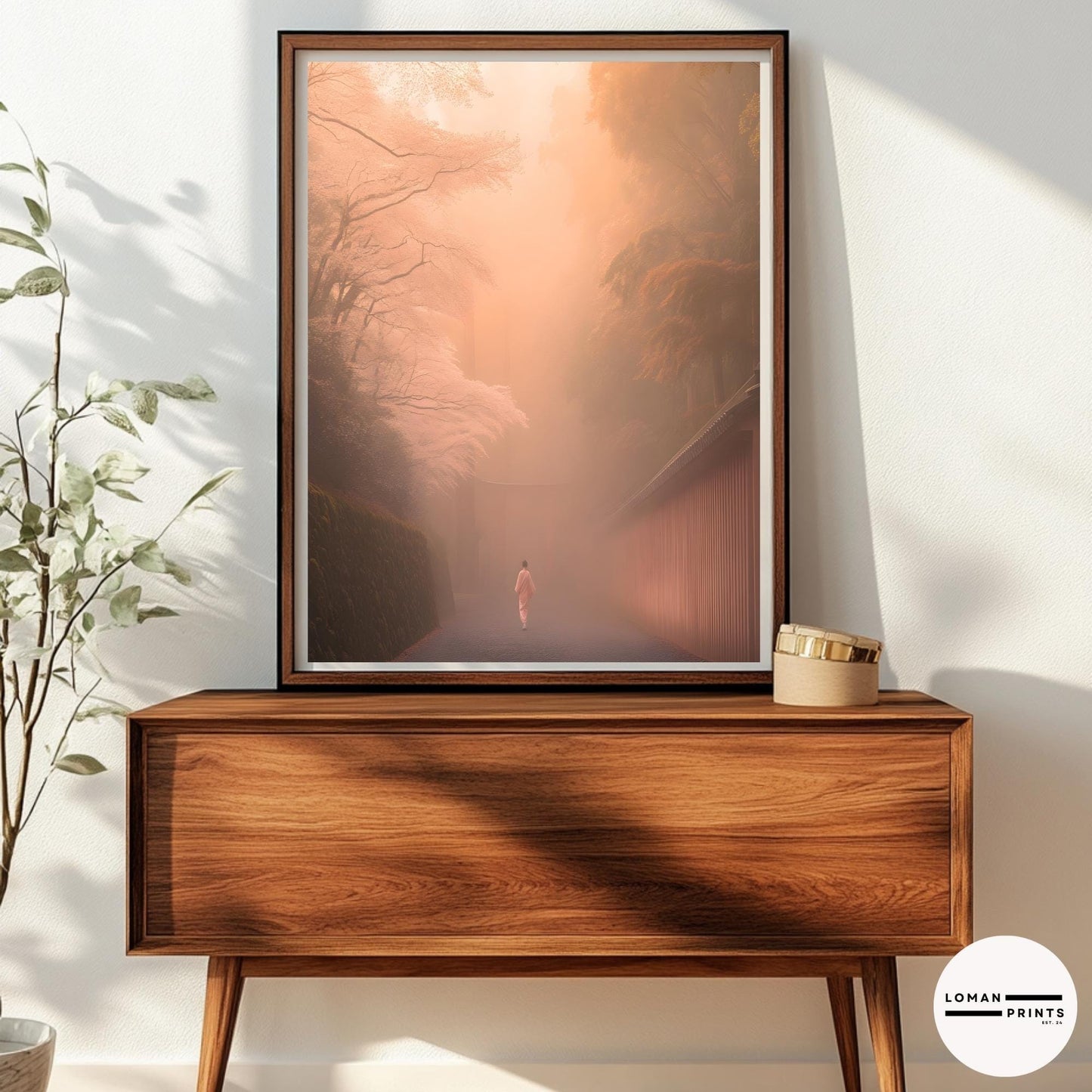 Sakura Art – Misty Pathway Print, Zen Minimalist Decor, Soft Pastel Aesthetic, Japanese Nature Poster, Tranquil Meditation Room Art